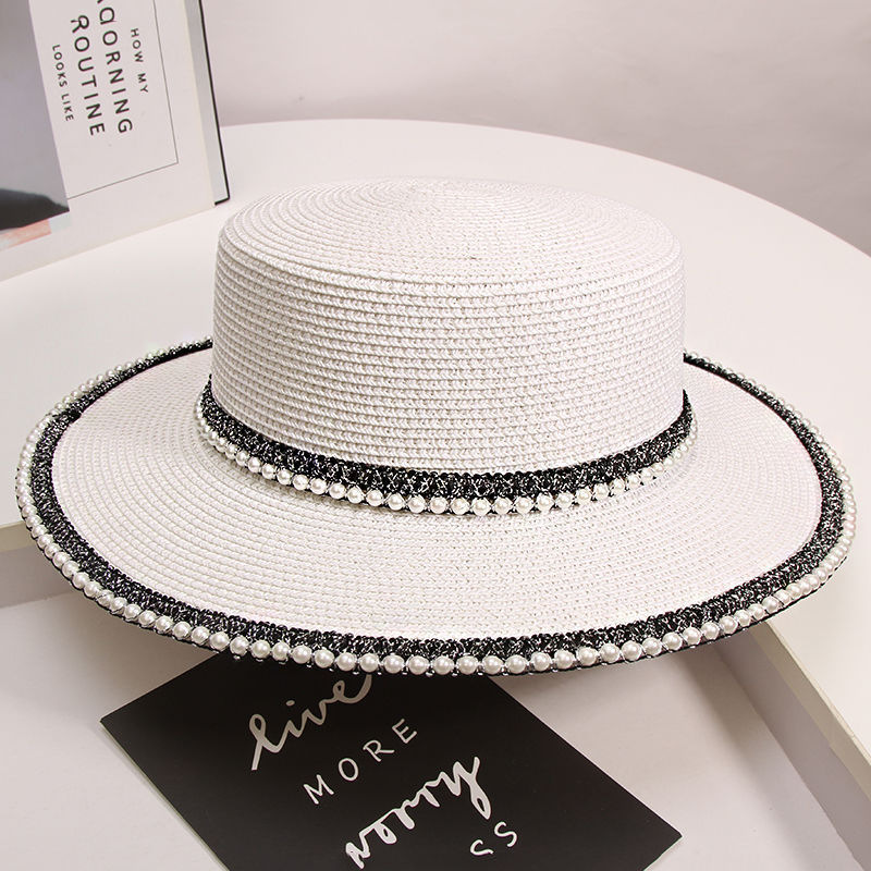 New French Style Wide Brim Straw Sun Hat with Pearl Trim